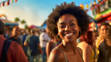 Young Adult African American Black Woman Smiling, Happy Festive, Street Festival Or Folk Festival Or Oktoberfest, Fictional Place