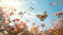 Monarch Butterflies Flying Over Dried Flowers. Generative Ai