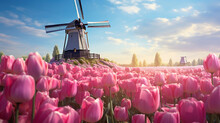 Sunset In The Field Of Pink Flowers With Windmill. Generative Ai