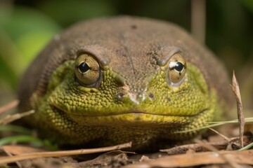 Sticker - close-up view of a green frog sitting on the ground