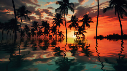 Wall Mural - palm trees reflect the reflection of the setting sun in clouds. Generative Ai