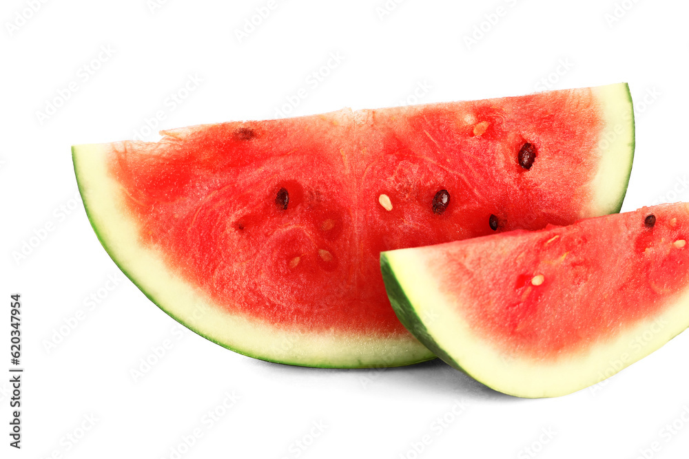 Pieces of fresh watermelon on white background