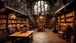 © Alexandre - Biblioteca de madeira vintage, cercada por prateleiras altas de livros