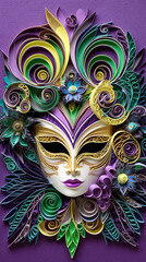 Wall Mural - A paper mask with feathers and flowers on a purple background. Generative AI.