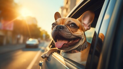 Happy dog riding in a car with head out of the window, french bulldog, frenchie