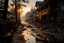 The Sun Is Setting Over A Muddy Street. Generative AI. River Flooding Local Village, Desolation Scene.