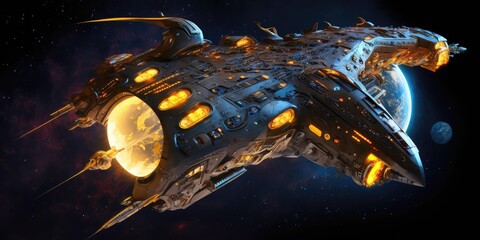Poster - biomechanical starship traveling through space scifi high quality technology. generative ai aig16.