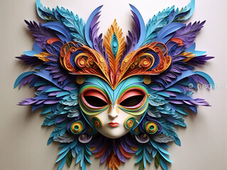 Wall Mural - A colorful mask with feathers on a wall. Generative AI.