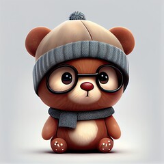 Cute teddy bear comic wearing a beanie with sweater and hut. Concept of wildlife profile with isolated background. Designed by winter costume. Glorious generative AI.