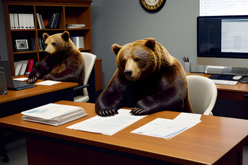 the bear is sitting at their desk engrossed in their work