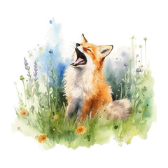 roaring fox cartoon in watercolor painting style