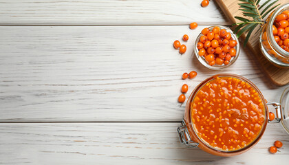 Sticker - Delicious sea buckthorn jam and fresh berries on white wooden table, flat lay. Space for text