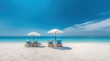Beautiful Beach Banner. White Sand Chairs And Umbrella