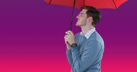 Poster - Animation of caucasian businessman holding red umbrella on pink background