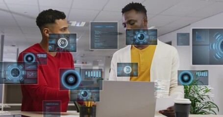 Poster - Animation of round scanners and data processing against two diverse men discussing at office