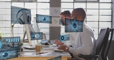 Poster - Animation of round scanners, data processing over two diverse men using computer working at office