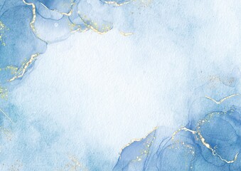 Wall Mural - Abstract painted blue watercolor with gold on paper texture background, Digital paint for template or any design