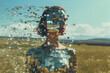 Woman standing in a Field Pixelated Metallic Falling Apart Disentangling Disappearing Mosiac Mysterious Ambiguous Mask Robot Rural Futuristic Farm
