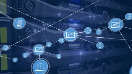 Poster - Animation of network of connections and digital icons against close up of a computer server