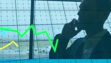 Poster - Animation of graphs moving against caucasian businessman talking on smartphone at an airport