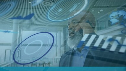 Poster - Animation of data processing against african american businessman talking on smartphone at office