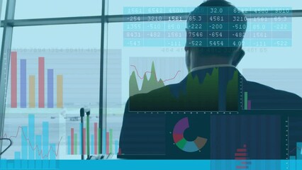 Poster - Animation of data processing against rear view of businessman talking on smartphone at an airport