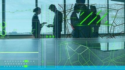 Poster - Animation of interface with data processing against diverse businesspeople discussing at office