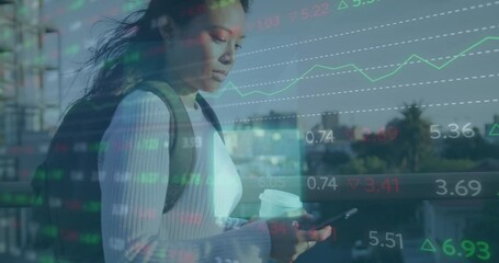 Poster - Animation of stock market data processing against asian woman using smartphone on the street