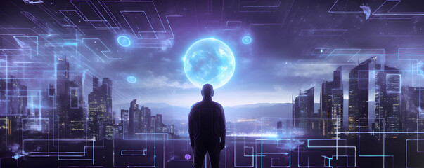 Man with background of skyscrapers. Concept of metaverse, virtual world, cyber world. AI generated