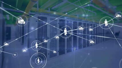 Poster - Animation of network of connections and digital icons against computer server room