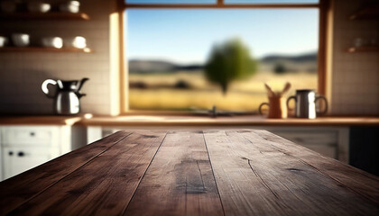 Empty old wooden table with countryside kithcen in background