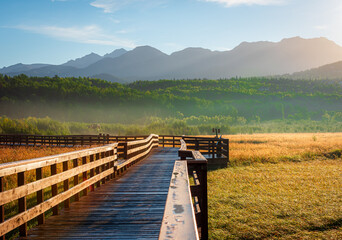 A wooden boardwalk in Potter Marsh Bird Sanctuary, Alaska.