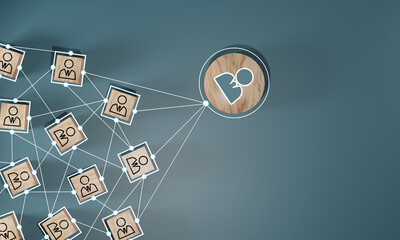 Wall Mural - wooden cube block print screen person icon which link connection network for organisation structure 