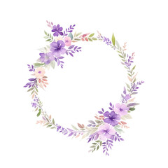 Wall Mural - Watercolor wreath with purple flowers and leaves on transparent background,generative ai