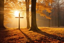 Cross Christ At Autumn Forest Tree, With Rays Divine Lights
