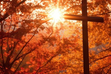 cross christ at autumn forest tree, with rays divine lights