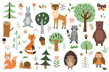 set of cute forest animals with elements of nature on a white background. vector illustration for yo