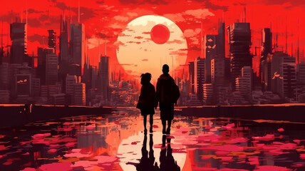 Wall Mural - couple of lovers walk away in sunset city.