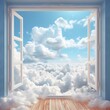 A tranquil scene of a sunlit room filled with fluffy clouds viewed through a wide window invites the viewer to drift away in peaceful contemplation, blue summer sky