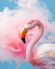 A Majestic Pink Flamingo Stands Amidst A Dreamy Cloud Of Smoke, Its Beauty And Serenity Inspiring A Sense Of Awe, Pink Air Smoke Blue Summer Sky