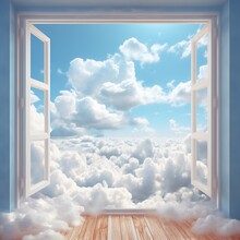A Tranquil Scene Of A Sunlit Room Filled With Fluffy Clouds Viewed Through A Wide Window Invites The Viewer To Drift Away In Peaceful Contemplation, Blue Summer Sky