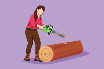 Wall Mural - Graphic flat design drawing of wood industry worker with chainsaw working. Woman logger sawing log in forest. Girl lumberjack cut timber wood, woodcutter occupation. Cartoon style vector illustration