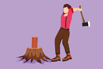 Wall Mural - Graphic flat design drawing beauty woman woodcutter or lumberjack chopping wood with axe. Wearing shirt, jeans and boots. Cute female with ax in her hands cuts tree. Cartoon style vector illustration