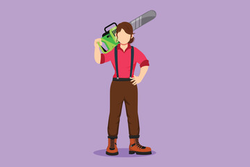 Wall Mural - Cartoon flat style drawing woman woodcutter holding chainsaw on her back or shoulder. Wearing suspender shirt, jeans, boot. Female lumberjack pose on logging forest. Graphic design vector illustration