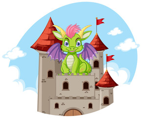 Poster - Dragon on Castle in Cartoon Style