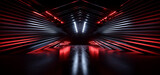 Fototapeta Do przedpokoju - Futuristic Sci Fi Cyber Neon Laser White White Orange Lights Metal Stripe Glossy Barn Garage Studio Showroom Tunnel Corridor Underground Concrete Warehouse Room 3D Rendering