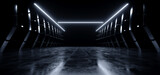 Fototapeta Do przedpokoju - Dark Futuristic Sci Fi Cyber Neon Laser Stripe Lights Metal Stripe Glossy Barn Garage Studio Showroom Tunnel Corridor Underground Concrete Warehouse Room 3D Rendering