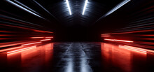 Futuristic Sci Fi Cyber Neon Laser White White Orange Lights Metal Stripe Glossy Barn Garage Studio Showroom Tunnel Corridor Underground Concrete Warehouse Room 3D Rendering