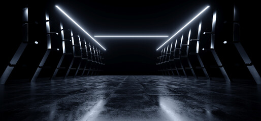 dark futuristic sci fi cyber neon laser stripe lights metal stripe glossy barn garage studio showroo