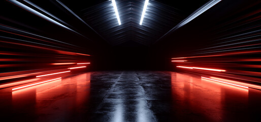 futuristic sci fi cyber neon laser white white orange lights metal stripe glossy barn garage studio 